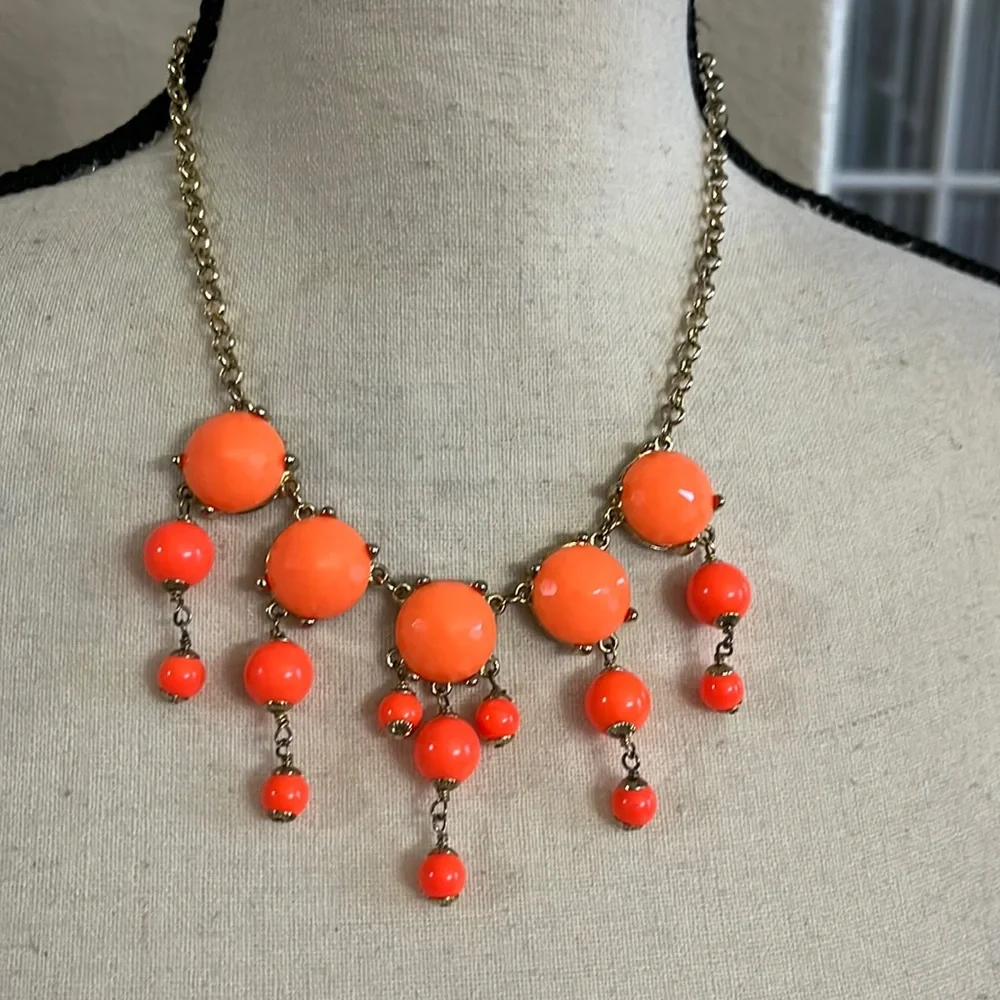 J.Crew bright orange beads with gold tone  statement necklace 9.5”